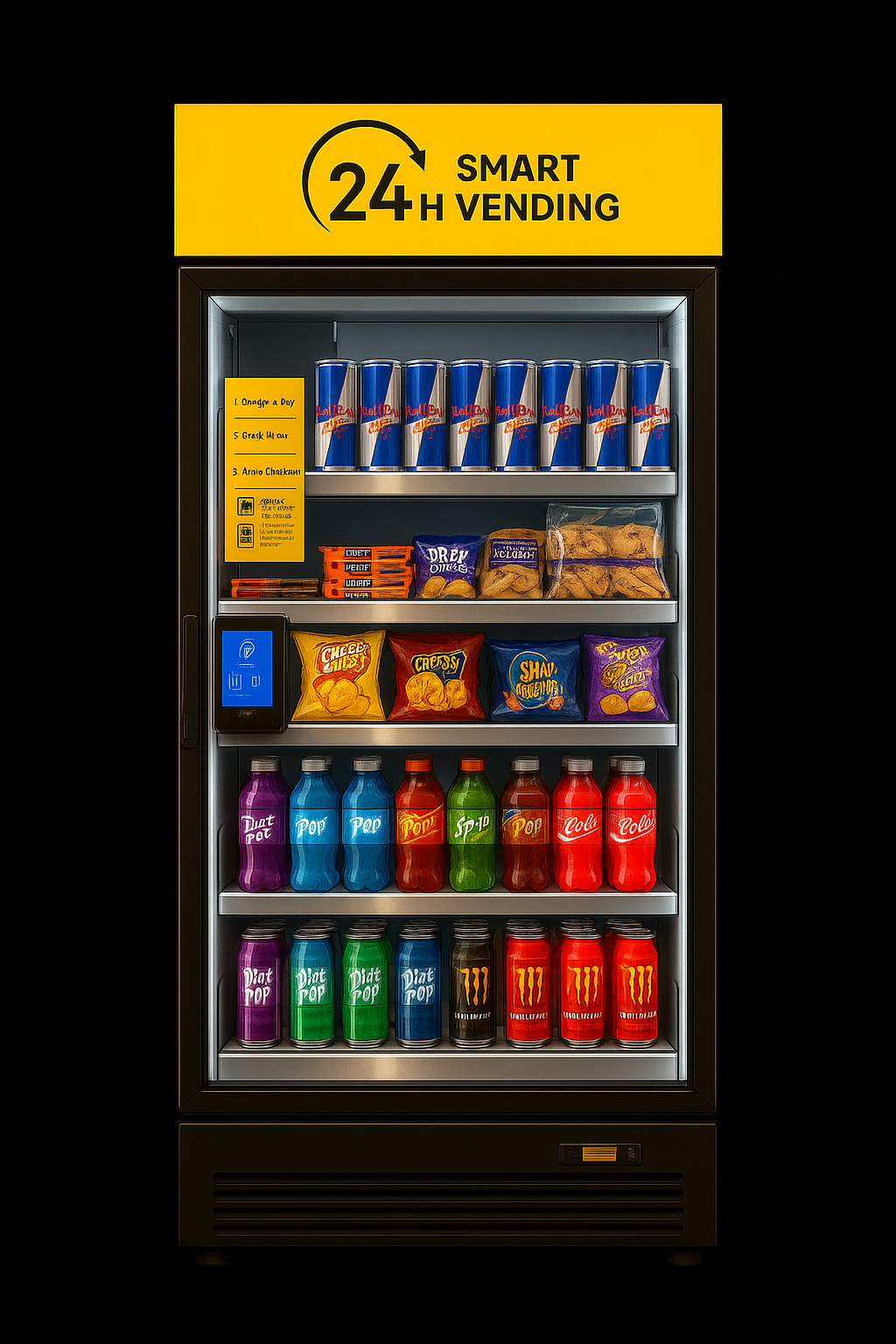Front view of an AI-powered smart vending machine with assorted snacks and drinks, labeled "24H SMART VENDING".