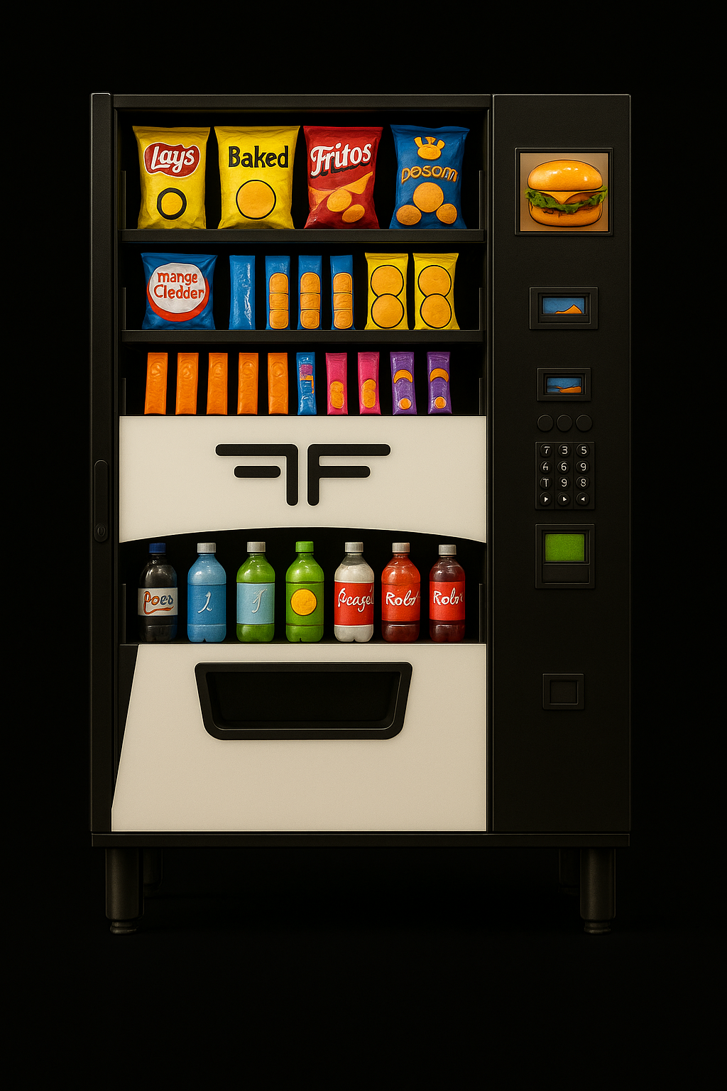 Black and white combo vending machine with snacks and drinks, featuring a keypad for selection.