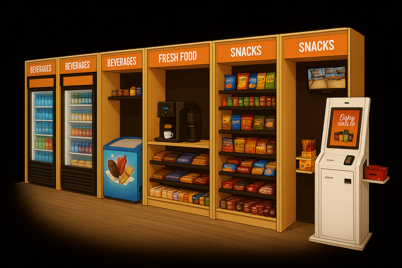 Illustration of a micro market with beverage coolers, ice cream freezer, coffee station, snack shelves, and self-checkout kiosk.