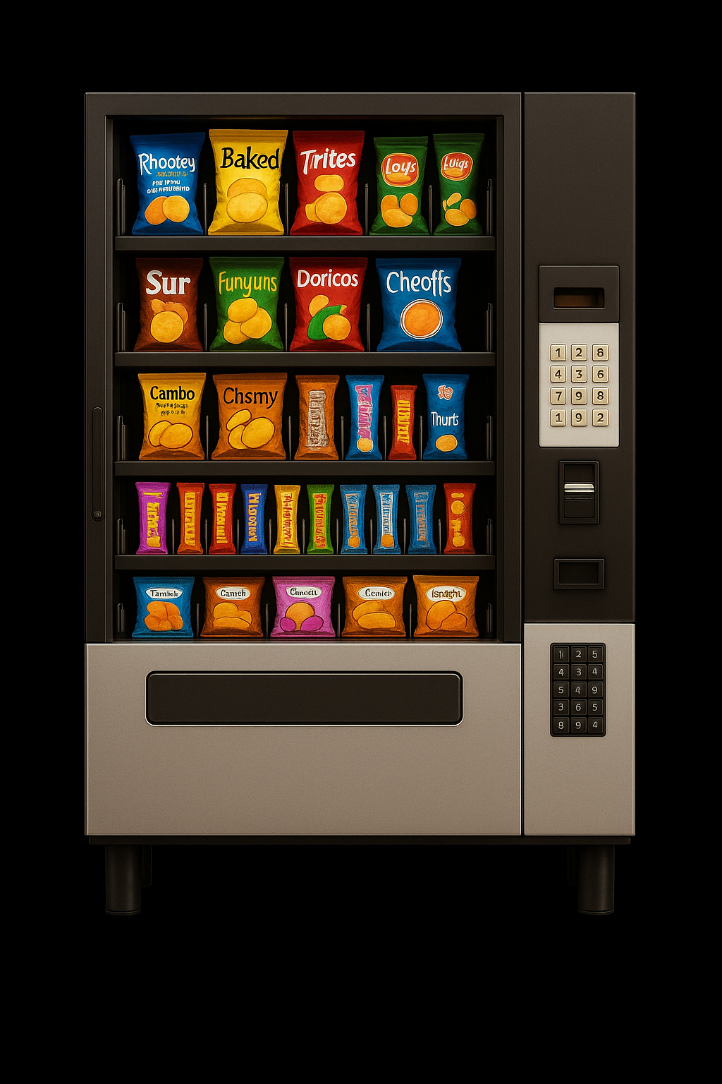 Snack vending machine with generic chip bags and candies, featuring two keypads for selection. Ideal for free service.