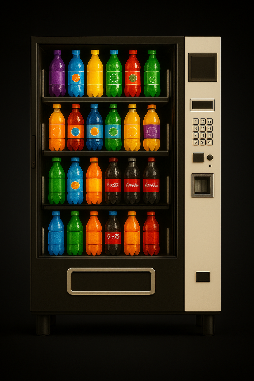 Modern beverage vending machine with rows of colorful soda bottles, including Coca-Cola, and a digital keypad.