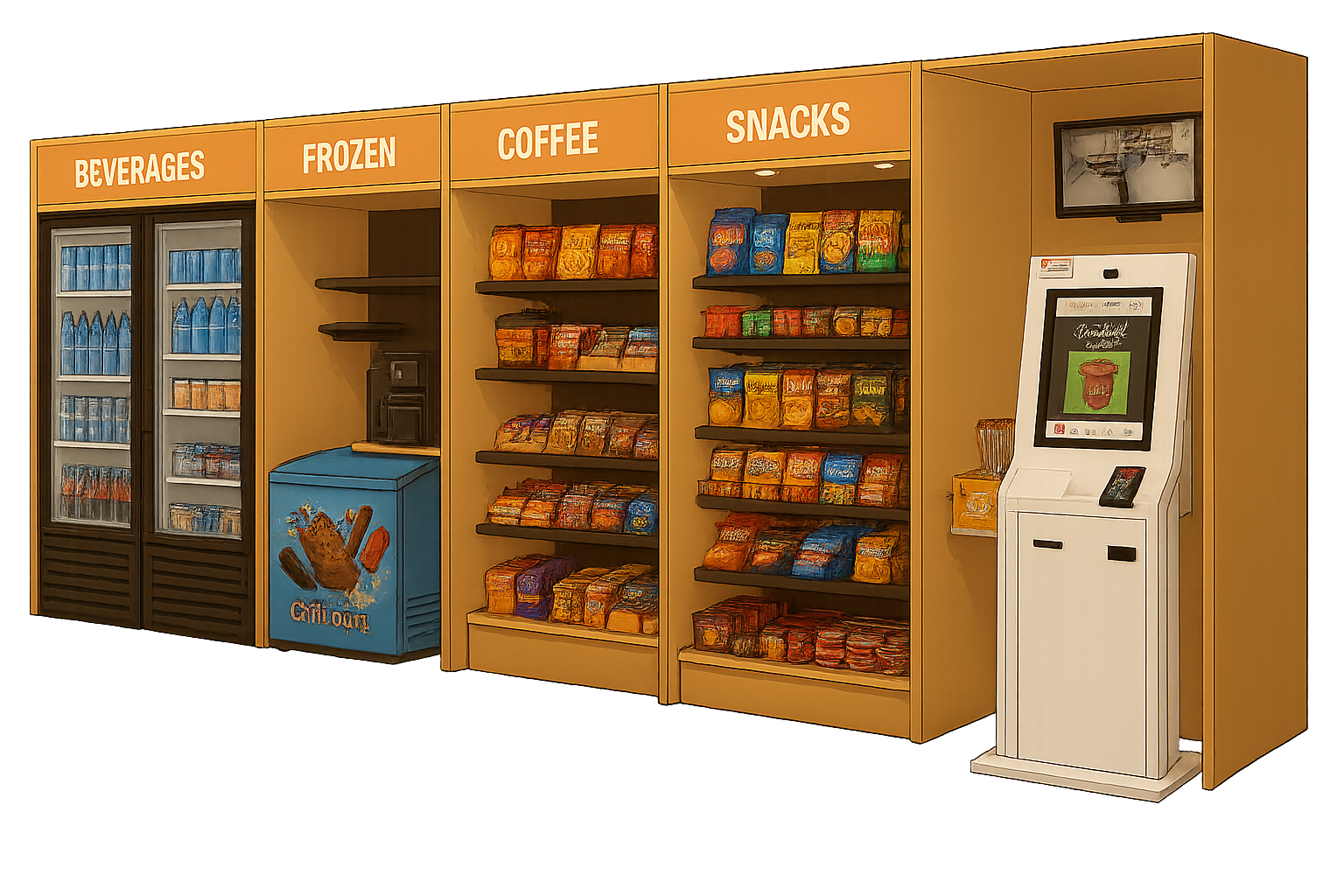 Automated grocery store checkout kiosk with shelves displaying beverages, frozen items, coffee, and snacks